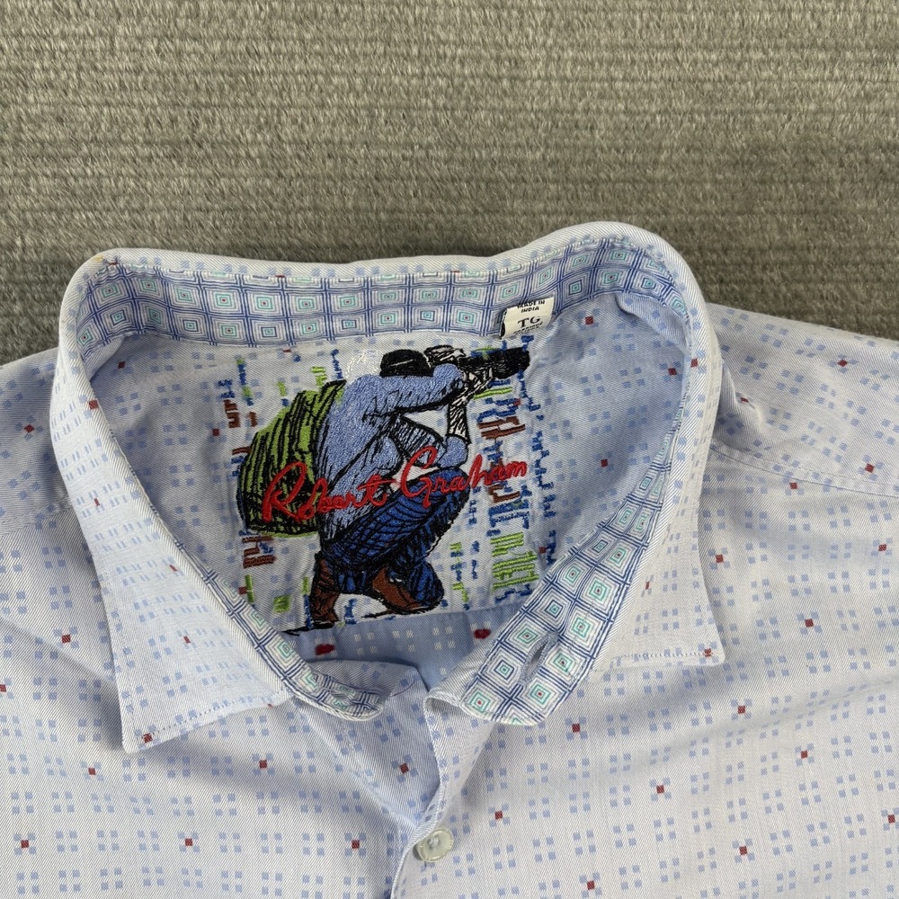 Robert Graham Geometric Flip Cuff Photographer Shirt Mens XL Blue Button Up